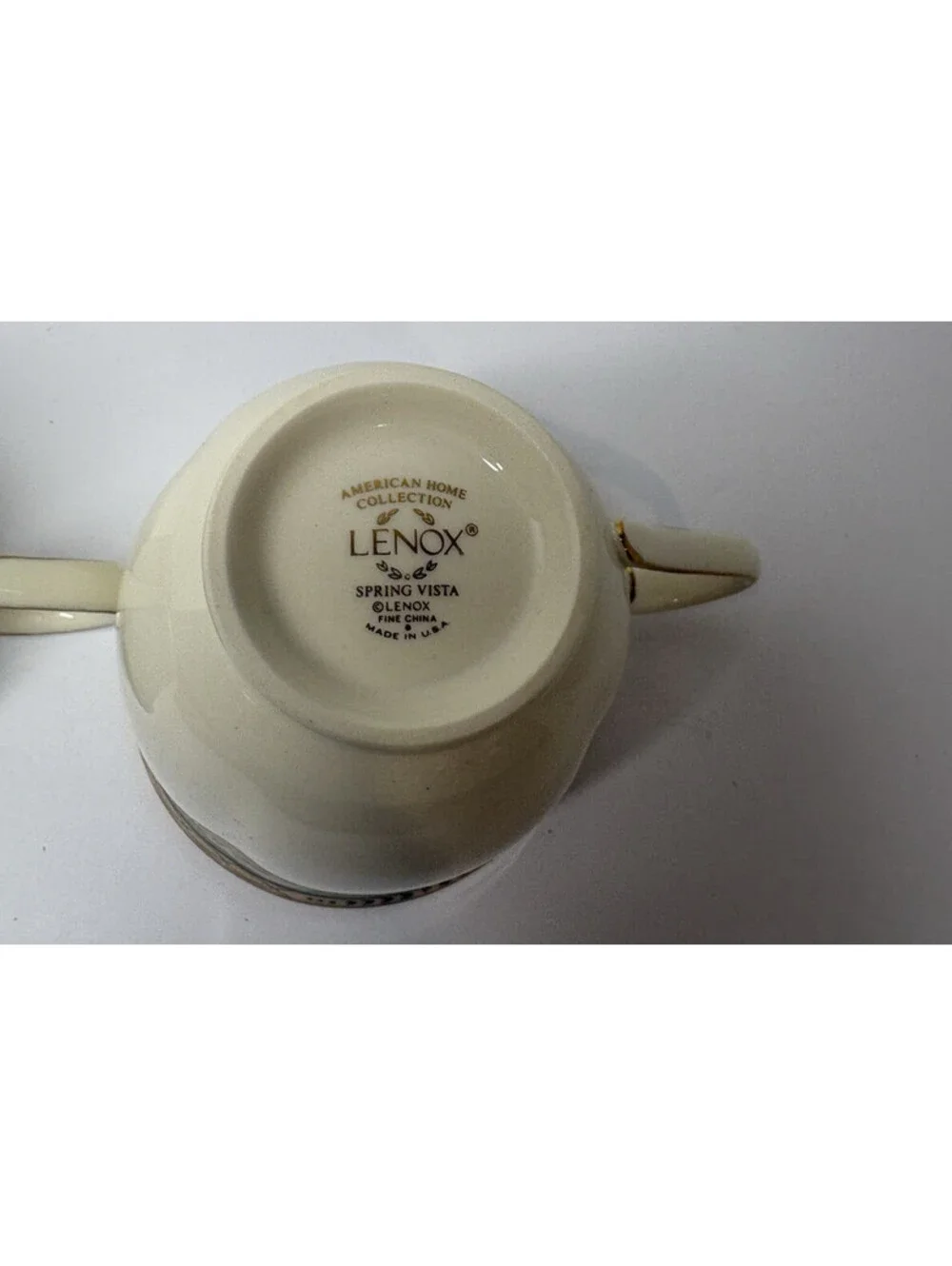 Pair Of Lenox Spring Vista USA Bone China Teacups Gold Rim Green Border